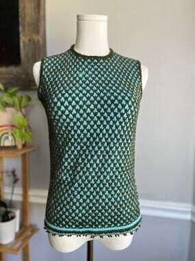 Vintage 60s Sleeveless Sweater Vest Green Blue Size Small